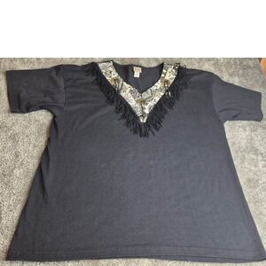 Cactus California Womens XXL Black Fringe V-Neck Top Southwestern Concho USA